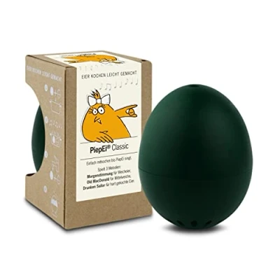 Obrázek PiepEi Classic tmavě zelená zpívající časovač vajec k vaření společně vařič pro 3 stupně tvrdosti pípnuté vejce se melodiemi Veselé hudba Eggtimer Brainstream