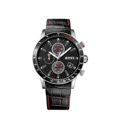 Obrázek BOSS Chronograf Quarz hodinky pro muže s černým koženým řemínkem 1513390, černá/stříbrná, Náramkové