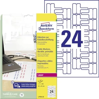 Obrázek Avery Zweckform L7950 20 páska pro (pro kabel popisovací, A4, 480 kusů, 60 x 40 mm) Folio Bílá