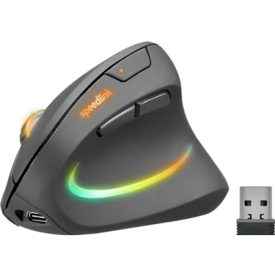 Obrázek Speedlink Nabíjecí vertikální myš PIAVO pro RGB bezdrátová tichá ergonomická praváky, integrovaná baterie, LED osvětlení, nastavitelná do 3200 dpi, černá