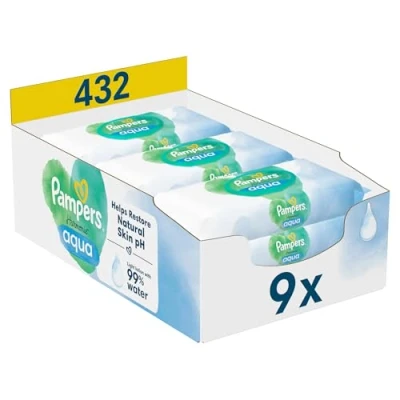 Obrázek Pampers Harmonie Aqua vlhčené ubrousky 9 balení po 48 vlhkých hadřících 432 ubrousků, které pomáhají obnovit přirozenou hodnotu pH pokožky, lehké mléko s 99 % vodou