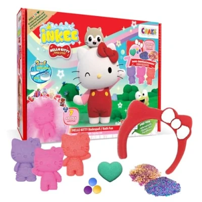 Obrázek INKEE Dárková krabička Hello Kitty dětská koupelová sada 7 koupelových přísad pro děti, kuličky do koupele a sůl děti s jojobovým olejem různými aromaty