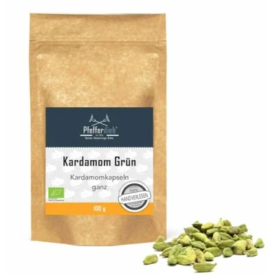 Obrázek Divoký zelený kardamom celek, kardamomové kapsle, prémiová bio kvalita, ručně vybrané, 100 g Pfefferdieb®