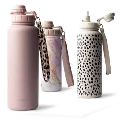 Obrázek MAMEIDO Termoláhev s brčkem, 700 ml, nepropustná láhev na pití z ušlechtilé oceli, vodu poutkem nošení, izolační bez BPA (Powder Blush, 0,7 l)