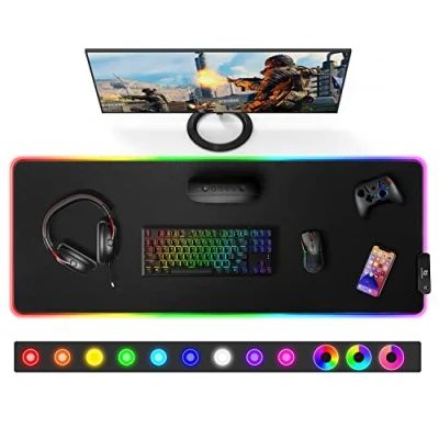 Obrázek Gimars Herní podložka pod myš, 12 LED režimů osvětlení RGB myš XXL, 800 x 300 5 mm, velká Desk Mat Gaming příslušenství s vodotěsným povrchem, mm protiskluzová gumová noha pro PC