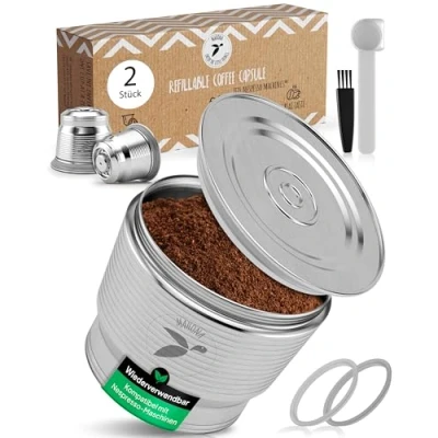 Obrázek Kávová kapsle, plnitelná, opakovaně použitelná, kapsle Nespresso, 2 kusy, ušlechtilá ocel, permanentní, kov, nulový odpad, na espresso, kompatibilní s kávovary Nespresso
