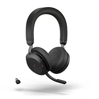 Obrázek Jabra Evolve2 75 Wireless PC Headset s technologií 8 mikrofonů stereo sluchátka Dual Fam moderním aktivním potlačením hluku, USB C Bluetooth adaptér a kompatibilita MS Teams černá