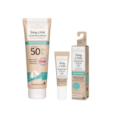 Obrázek Mabyen Letní ochrana Baby &amp; Kids Opalovací krém LSF 50 + gel proti bodnutí hmyzem přírodní kosmetika pro citlivou pokožku minerální UV péče svědění od narození veganská