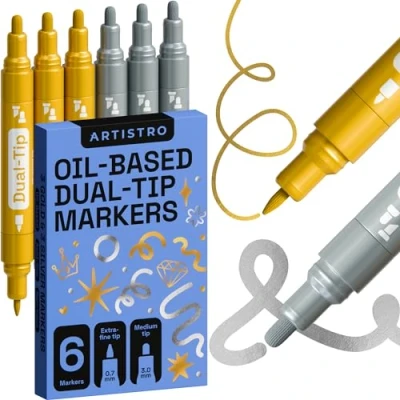 Obrázek Artistro Metallic Marker Permanent sada 6 zlatých a stříbrných tužek, lakové popisovače na bázi oleje s dvojitým hrotem (0,7 mm + 3 mm), voděodolné tužky kámen, keramiku, sklo, dřevo, pneumatiky