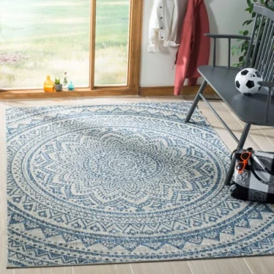 Obrázek SAFAVIEH Zeitgenössische Teppich für Innen &amp; Außenbereich Courtyard Collection, Kurzer Flor, Hellgrau und Blau, 160 X 231 cm