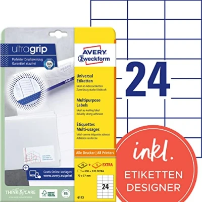 Obrázek AVERY Zweckform 6173 nálepky na adresu (600 plus 120 samolepicích etiket navíc, 70 x 37 mm A4, papír matný, potiskovatelné etikety odesílatele, samolepicí adresní štítky s ultragrip) 30 listů, bílé