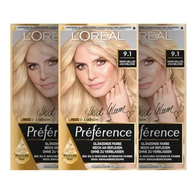 Obrázek L&#039;Oréal Paris Permanentní barva na vlasy, sada barvení vlasů s barvením a lesklým balzámem, Préférence, 9.1 velmi světlá popelavá blond, 3 ks