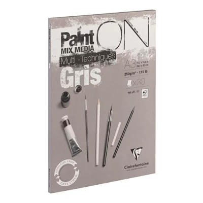 Obrázek Clairefontaine 975810C PaintOn Block (250 g, DIN A3, 29,7 x 42 cm, geleimt, 30 Blätter, ideal für weiße Zeichnungen und Multitechniken) grau