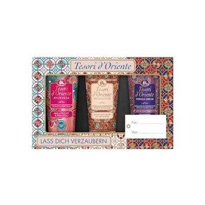Obrázek TESORI D&#039;ORIENTE Dárková sada, krémové kartuše 3 x 75 ml (Ayurveda, Persian Dream a Byzantium), sprchové krémy pro péči o tělo, wellness rituály tělo smysly