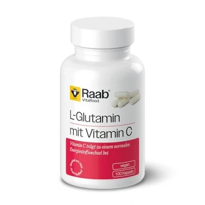 Obrázek Raab Vitalfood L glutamin s přírodním vitamínem C z Aceroly; 100 kapslí, veganský, bez lepku, vyrobeno
