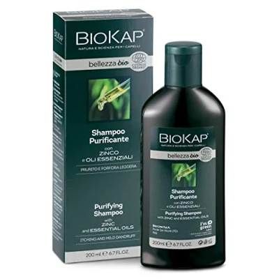 Obrázek BIOKAP BELLEZZA BIO Purifying šampon 200 ml proti lupům a svědění rostlinné účinné látky eukalyptový olej mentol tea tree zinková sůl VEGAN