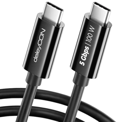 Obrázek deleyCON 1m USB C kabel (100W rychlonabíjecí + datový 5 Gbit/s) nabíjecí Pro iPhone 16 15 Max Samsung Galaxy S24 S23 Pixel iPad MacBook Air Tablety Switch PS5 černý