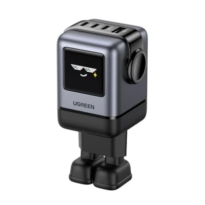 Obrázek UGREEN UNO USB C nabíječka 100 W GaN síťový zdroj, 4 porty, rychlonabíječka LED displej, Robot Charger kompatibilní s MacBook Pro/Air, iPad, iPhone 16 Pro Max, 15 Pro, Galaxy S24 Ultra, Steam Deck