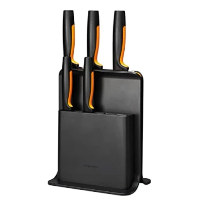 Obrázek Fiskars Designový blok na nože s 5 noži, funkční tvar, včetně zeleninu, rajčata, kuchařský nůž Santoku, a chleba, plast, černý, 1057554