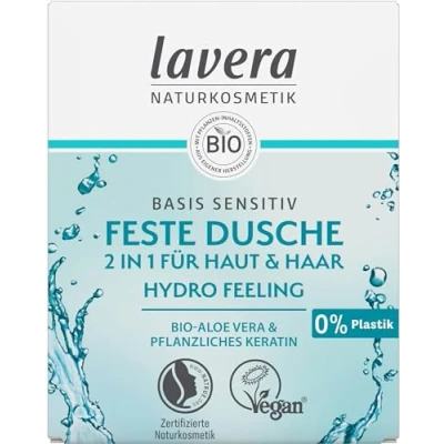 Obrázek lavera Pevná sprcha 2 v 1 základna senzitivní Hydro Feeling s bio aloe vera a rostlinným keratinem čistí bez sušení 3x vydatnější než tekutý sprchový gel přírodní kosmetika ks / 50 g