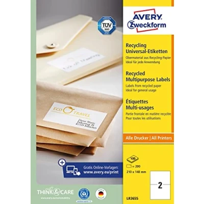 Obrázek AVERY Zweckform LR3655 recyklované etikety (200 lepicích štítků, 210 x 148 mm na A4, 100% recyklovaný starý papír, potištěné přepravní etikety, samolepicí nálepky, DHL) 100 listů, přírodní