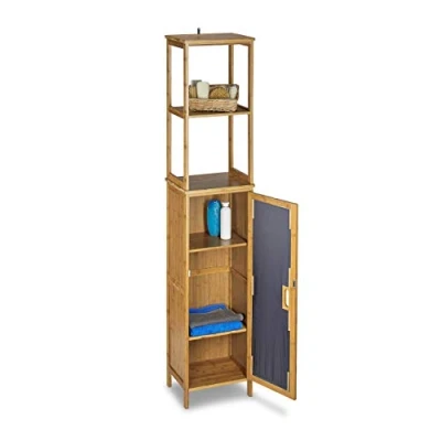 Obrázek Koupelnový regál Relaxdays, bambus, s 6 odkládacími plochami, police dvířky, VxŠxH: 170 x 33,5 28 cm, koupelnová skříňka na výšku, přírodní