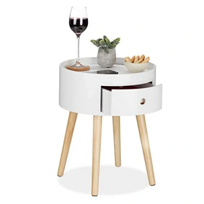 Obrázek Relaxdays Servírovací stolek kulatý, zásuvka, dřevěné nohy, skandinávský design, minimalistický, V x D 46 38 cm, bílá/přírodní, 1 kus
