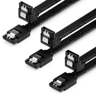 Obrázek deleyCON 3x 30cm SATA 3 kabel Nylon Set 6 Gbit/s datový III připojovací Serial ATA spojovací pro Mainboard &amp; pevný disk HDD SSD 1 S L konektor 90 Čalouněný černý