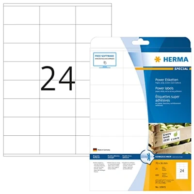 Obrázek HERMA 10905 Power etikety, 25 listů, 70 x 36 mm, 24 archů A4, 600 kusů, samolepicí, lze potisknout, extrémně silně přilnavé, prázdné papírové lepicí etikety nálepky, bílé
