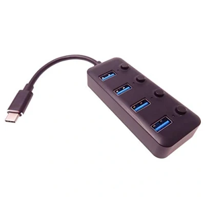 Obrázek PremiumCord USB C rozbočovač na 4 x 3.0, hliníkový kryt, síťový spínač, 5 Gbps, SuperSpeed 3.1 typ C, barva černá, délka 20 cm