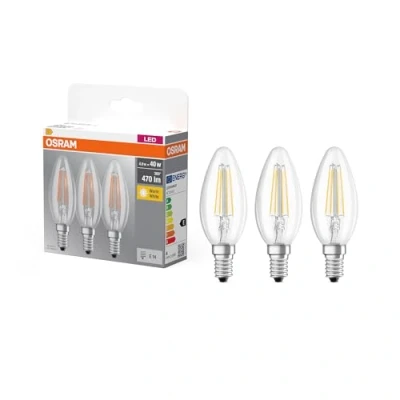 Obrázek Osram LED žárovka Base Classic B, ve tvaru svíčky s paticí E14, nestmívatelná, nahrazuje 40 W, styl filetu čirá, teplá bílá 2700 Kelvinů, 3 kusy (balení 1 ks)