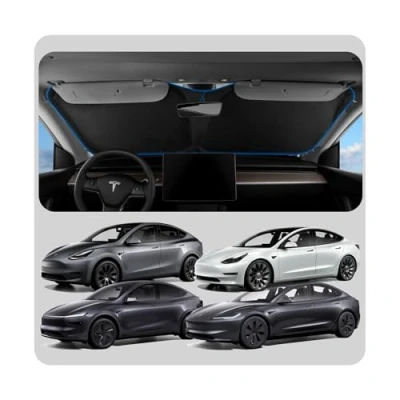 Obrázek Spigen Tesla Model Y a 3 ( 2024 Highland) ochrana proti slunci do auta, skládací čelní sklo, před sluncem s úložnou taškou, kryt sluneční clony, kompatibilní