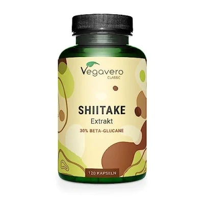 Obrázek Kapsle Shiitake Vegavero® S 750 mg extraktu v jedné kapsli 1500 denní dávka 40 % polysacharidů a 30 beta glukan 100% přírodní &amp; veganské bez přísad 120 kapslí