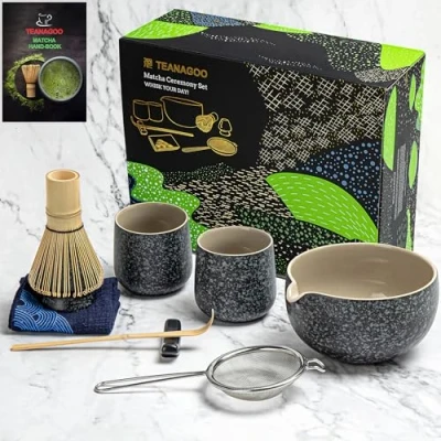 Obrázek TEANAGOO Keramik, Matcha Set Schneebesen Schale mit Ausgießer Schöpfkelle Halter Teezubereitungsset. 1 Japanische Tee (7pcs) + 2Cups(7.2oz),S1,Charcoal Grey, schwarz/Grau