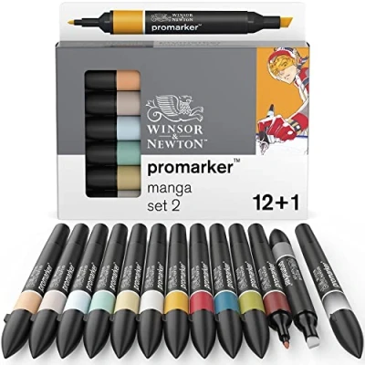 Obrázek Winsor &amp; Newton 0290140 ProMarker, profesionální layoutmarker 2 hroty, jemné a široké pro kreslení, design rozvržení sada 13 barev manga