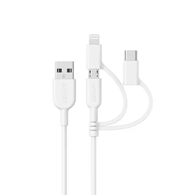 Obrázek Anker Powerline II 3 v 1 kabel, 0,9 m dlouhý Lightning/USB C/Mikro USB pro iPhone, iPad, LG, Galaxy, Xperia, mobilní telefony Android a mnoho dalších (bílý)