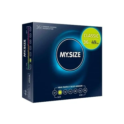 Obrázek MY.SIZE Klasické kondomy velikost 2 I 49 mm šířka 36 kusů velké balení prémiové extra tenké velmi jemné 0,07 tloušťka stěny veganské pro muže