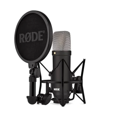 Obrázek RØDE Velkomembránový kondenzátorový mikrofon NT1 Signature Series s držákem šoku, pop ochranou a kabelem XLR pro hudební produkci, záznam zpěvu, streamování podcasting