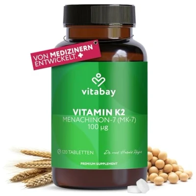 Obrázek Vitabay vitamín K2 100 µg s vysokou dávkou (mcg) VEGAN 120 tablety MK7 MK 7 z přírodních složek a laboratorně testované Vit vitamin K 2 (Menaquinon 7) All Trans forma