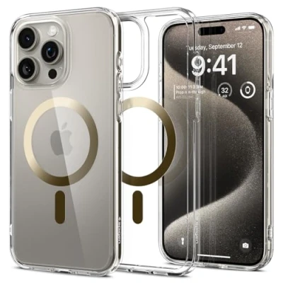 Obrázek Spigen Pro iPhone 15 Max Ultra Hybrid MagFit pouzdro [Anti Yellowing] Case obal na mobil průhledný tenký kompatibilní s MagSafe Gold