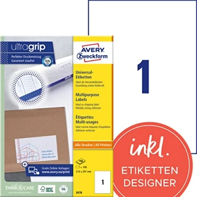 Obrázek AVERY Zweckform 3478 univerzální etikety (100 lepicích etiket, 210 x 297 mm, papír matný, potiskovatelné přepravní etikety, samolepicí nálepky na zaslání s ultragrip) 100 listů, bílé