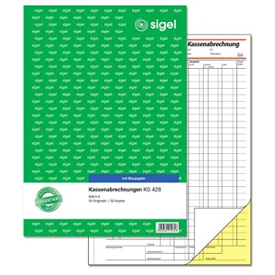 Obrázek SIGEL KG428 vyúčtování pokladu A4, 2 x 50 listů, s modrým papírem, ultra jemná mikroperforace, pro přesné příjmy a výdaje dokladem DPH čisté částky