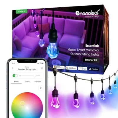 Obrázek Nanoleaf Smart LED světelný řetěz venkovní 15 m startovací sada 20 stmívatelných žárovek RGBICW Gem, IP65 vodotěsný, ovládání WLAN pomocí aplikace a hlasu (Matter Alexa Siri Apple Home) balkon,