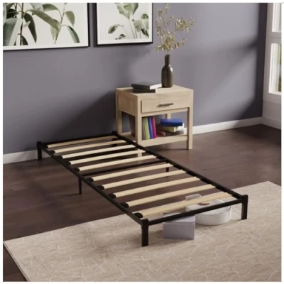 Obrázek Dreamzie Postel 90 x 200 cm z kovu s lamelovým roštem rám postele dřevěnými lamelami výška 25 černá