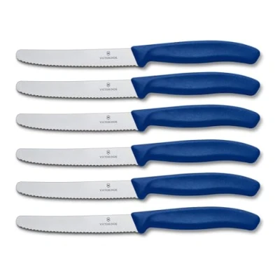 Obrázek Sada kuchyňských nožů od Victorinox, 6 kusů (11 cm, extra ostré zoubkování, příborový nůž, ergonomická rukojeť, vhodný do myčky), modrá