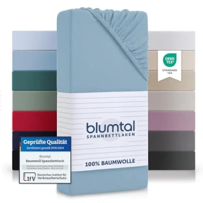 Obrázek Blumtal Baumwolle Spannbettlaken Basics Jersey Oeko TEX zertifiziertes Spannbetttuch Matratzenbezug Bettbezug / Leintuch in Dusk Blue 90x200 cm