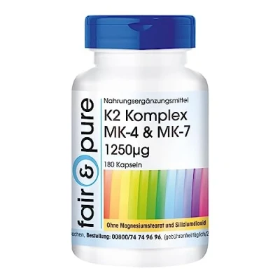 Obrázek Fair &amp; Pure® K2 komplex 1250mcg MK 4 a 7 180 kapslí veganské vitamin ve vysokých dávkách MK7 bez stearátu hořečnatého menachinon