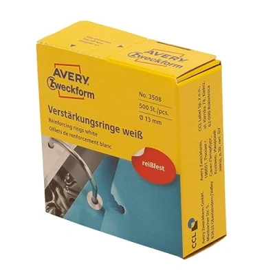 Obrázek AVERY Zweckform 3508 samolepicí posilovač otvorů 500 kusů (Ø 13 mm, kroužky pro zesílení na roli, permanentně přilnavé kruhové zesilovače, kruhového otvoru sešívání, fólie odolná