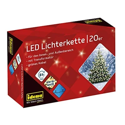 Obrázek Idena 8325052 LED světelný řetěz s 20 v teplé bílé barvě, časovačem na 8 hodin a transformátorem, cca 3,9 m dlouhý, dekorace pro vnitřní venkovní použití, jako party, vánoční