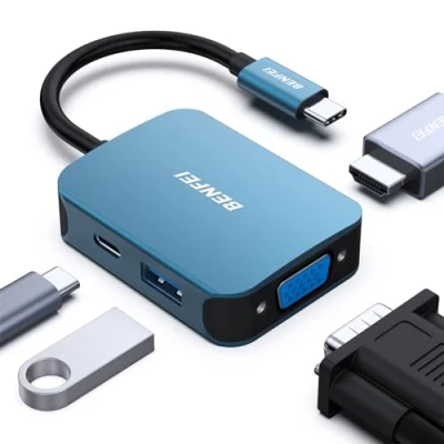 Obrázek BENFEI USB C HUB 4v1, multiport adaptér s 4K HDMI/ 1080P VGA/ 5Gbps 3. 0 Data Port/typ 60W Power Delivery, kompatibilní Pro iPhone 15 Pro/Max MacBook Pro/Ai iPad iMac Galaxy S23, modrý